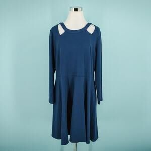 Eloquii Size 16 Blue Crew Neck Long Sleeve Cut Out Details Fit Flare Dress